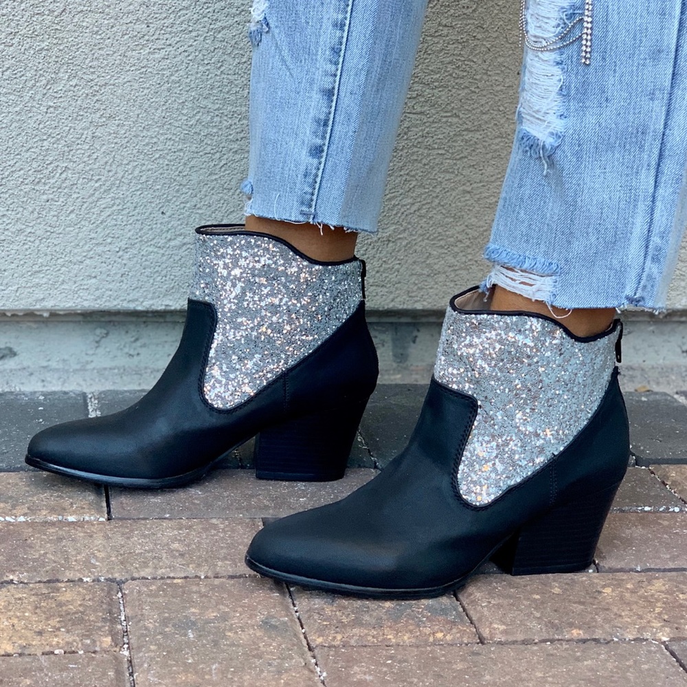 Black/Silver Glitter Embellished Ankle Booties - Picture 1 of 8